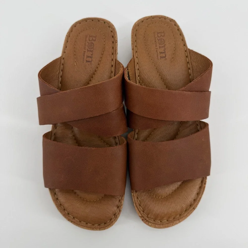 Born Brown Leather Cork Wedge Slide Sandals